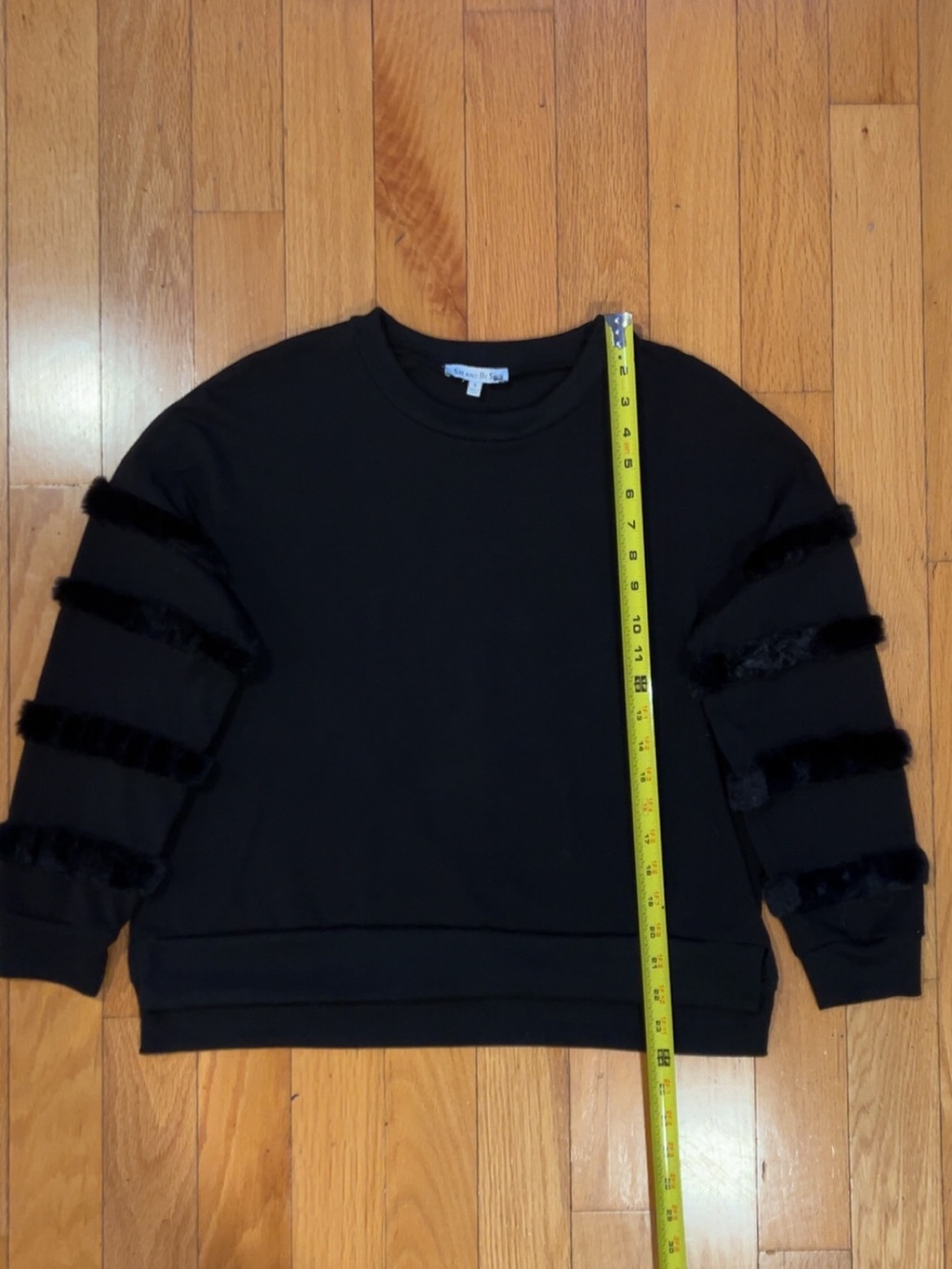 Women's Black Crewneck Sweatshirt with Faux-Fur Sleeve Bands